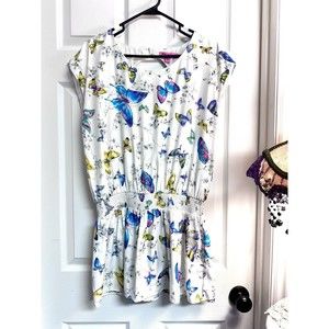 Betsey Johnson Silk Lined Butterfly Peplum Top Blouse With Keyhole Back Sz L